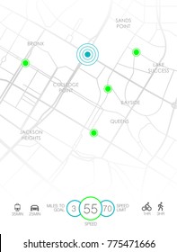 Stadtplan mit Routen- und Datenschnittstelle für GPS-Navigations- und Tracker-App. Roadmap Navigators UI, Navigationsplan Vektorgrafik.