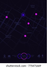 Vector city map with route and data interface for gps navigation and tracker app. Roadmap navigators UI, navigation plan vector illustration.