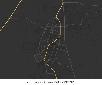 Vector city map of Sakakah in the Kingdom of Saudi Arabia with yellow roads isolated on a brown background.