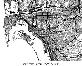 Vector city map of San Diego California in the United States of America with black roads isolated on a white background.