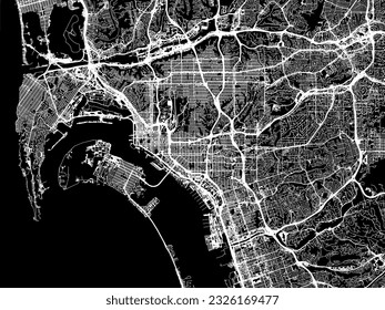 Mapa de la ciudad vectorial de San Diego California en Estados Unidos de América con caminos blancos aislados en un fondo negro.