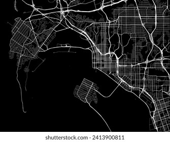 Vector city map of San Diego California in the United States of America with white roads isolated on a black background.