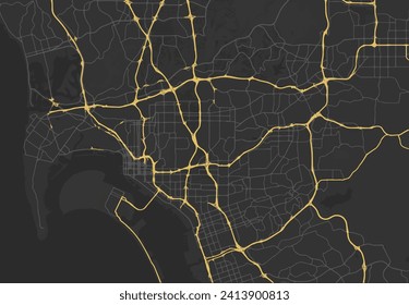 Vector city map of San Diego California in the United States of America with yellow roads isolated on a brown background.