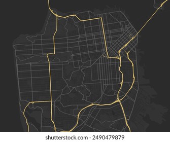 Vector city map of San Francisco California in the United States of America with yellow roads isolated on a brown background.