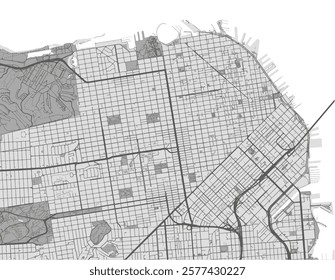 Vector city map of San Francisco Center California in the United States of America with black roads isolated on a grey background.