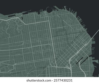 Vector city map of San Francisco Center California in the United States of America with white roads isolated on a green background.