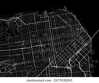 Vector city map of San Francisco Center California in the United States of America with white roads isolated on a black background.