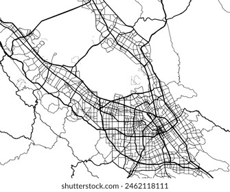 Vector city map of San Jose Greater California in the United States of America with black roads isolated on a white background