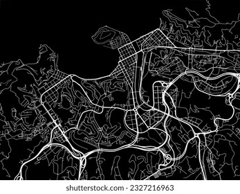 Mapa vectorial de San Sebastián en España con carreteras blancas aisladas en un fondo negro.