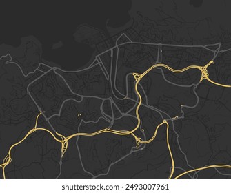 Vektorgrafik Stadtplan von San Sebastian in Spanien mit gelben Straßen isoliert auf einem braunen Hintergrund.