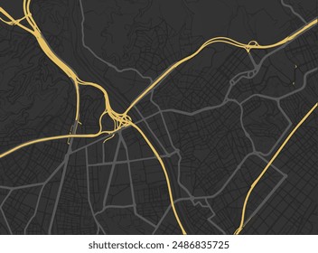 Vector city map of Santa Coloma de Gramenet in Spain with yellow roads isolated on a brown background.