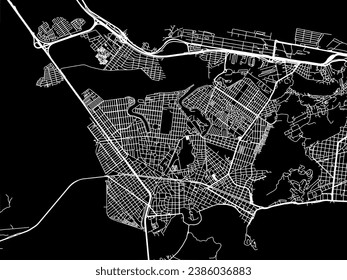 Mapa vectorial de la ciudad de Sao Vicente en Brasil con caminos blancos aislados en un fondo negro.