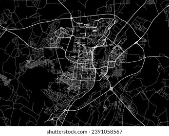 Mapa vectorial de Saransk en la Federación Rusa con caminos blancos aislados en un fondo negro.