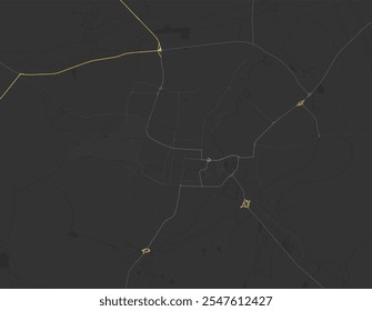 Mapa Vector de la ciudad de Saransk en la Federación de Rusia con carreteras amarillas aisladas sobre un fondo marrón.