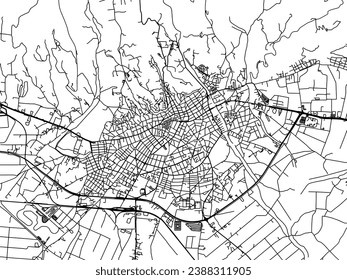 Mapa vectorial de Serres en Grecia con carreteras negras aisladas en un fondo blanco.