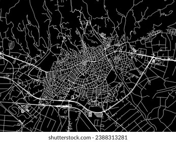 Mapa vectorial de Serres en Grecia con caminos blancos aislados en un fondo negro.