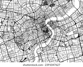 Vector city map of Shanghai city center in the People's Republic of China (PRC) with black roads isolated on a white background.