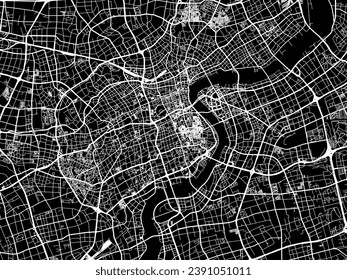 Vector city map of Shanghai city center in People's Republic of China (PRC) with white roads isolated on a black background.