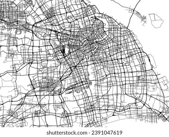 Mapa de la ciudad vector de Shanghai en la República Popular China (RPC) con carreteras negras aisladas en un fondo blanco.