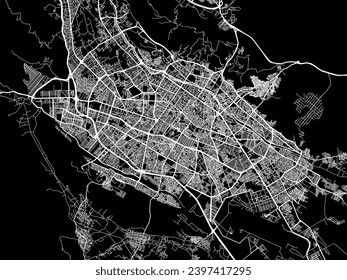 Mapa vectorial de Shiraz en Irán con caminos blancos aislados en un fondo negro.