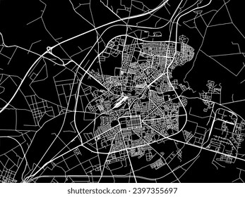 Mapa vectorial de Sidi Bel Abbes en Argelia con caminos blancos aislados en un fondo negro.