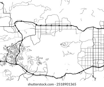 Mapa vetorial da cidade de Simi Valley, Califórnia, nos Estados Unidos da América, com estradas pretas isoladas sobre um fundo branco.