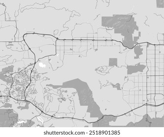 Mapa vetorial da cidade de Simi Valley, Califórnia, nos Estados Unidos da América, com estradas pretas isoladas sobre um fundo cinza.