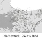 Vector city map of Skikda in Algeria with black roads isolated on a grey background.