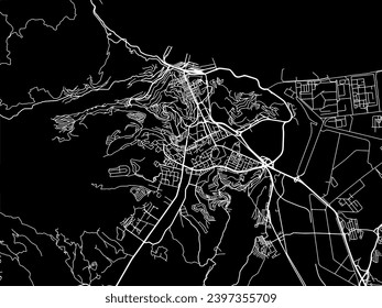 Vector city map of Skikda in Algeria with white roads isolated on a black background.