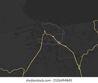 Vector city map of Skikda in Algeria with yellow roads isolated on a brown background.