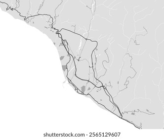 Vector city map of Sochi in the Russian Federation with black roads isolated on a grey background.