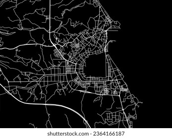 Mapa de la ciudad vector de Sokcho en Corea del Sur con caminos blancos aislados en un fondo negro.