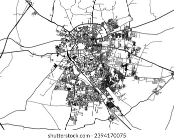 Mapa de la ciudad vectorial de Solapur en la República de India con carreteras negras aisladas en un fondo blanco.