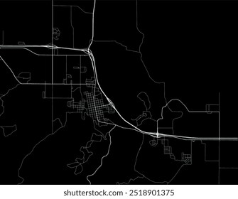 Mapa Vector de la ciudad de Spearfish Dakota del Sur en los Estados Unidos de América con carreteras blancas aisladas sobre un fondo negro.