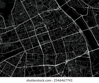 Mapa de cidade vetorial de Srodmiescie na Polônia com estradas brancas isoladas sobre um fundo preto.