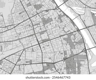 Mapa de cidade vetorial de Srodmiescie na Polônia com estradas pretas isoladas sobre um fundo cinza.