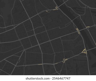 Mapa da cidade de Srodmiescie na Polônia com estradas amarelas isoladas sobre um fundo marrom.