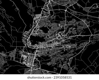 Mapa vectorial de Stavropol' en la Federación Rusa con caminos blancos aislados en un fondo negro.