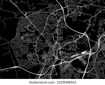 Mapa vectorial de la ciudad de Stockton-on-Tees en el Reino Unido con caminos blancos aislados en un fondo negro.