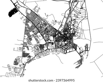 Vector city map of Suez in Egypt with black roads isolated on a white background.