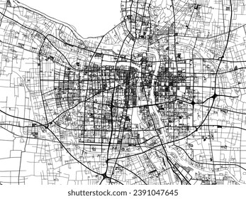 Mapa de la ciudad vectorial de Suqian en la República Popular de China (RPC) con carreteras negras aisladas en un fondo blanco.