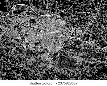 Mapa vectorial de Surakarta en Indonesia con carreteras blancas aisladas en un fondo negro.
