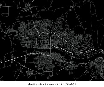 Vector city map of Surendranagar in the Republic of India with white roads isolated on a black background.