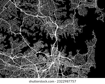 Mapa vectorial de la ciudad del puerto de Sydney en Australia con carreteras blancas aisladas en un fondo negro.