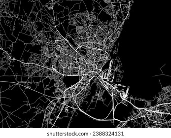 Mapa de la ciudad vectorial de Szczecin en Polonia con caminos blancos aislados en un fondo negro.