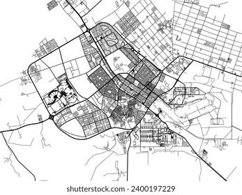 Vector city map of Tabuk in the Kingdom of Saudi Arabia with black roads isolated on a white background.