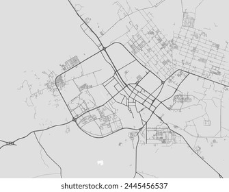 Vector city map of Tabuk in the Kingdom of Saudi Arabia with black roads isolated on a grey background.