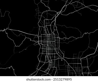 Vector city map of Taiyuan in People's Republic of China with white roads isolated on a black background.