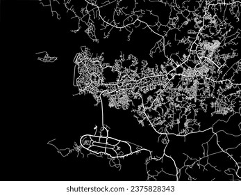 Mapa de la ciudad vector de Tanjung Pinang en Indonesia con carreteras blancas aisladas en un fondo negro.