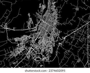 Mapa de la ciudad vectorial de Tapachula en México con caminos blancos aislados en un fondo negro.